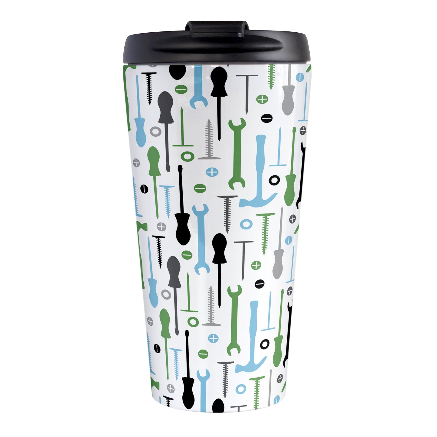 Green Blue Tools Pattern Travel Mug (15oz) at Amy's Coffee Mugs. A stainless steel insulated travel mug with a modern style pattern of tools in green, blue, black, and gray over white that wraps around the mug. Perfect for any handyman or contractor.