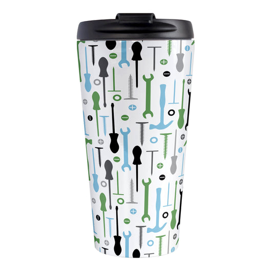 Green Blue Tools Pattern Travel Mug (15oz) at Amy's Coffee Mugs. A stainless steel insulated travel mug with a modern style pattern of tools in green, blue, black, and gray over white that wraps around the mug. Perfect for any handyman or contractor.