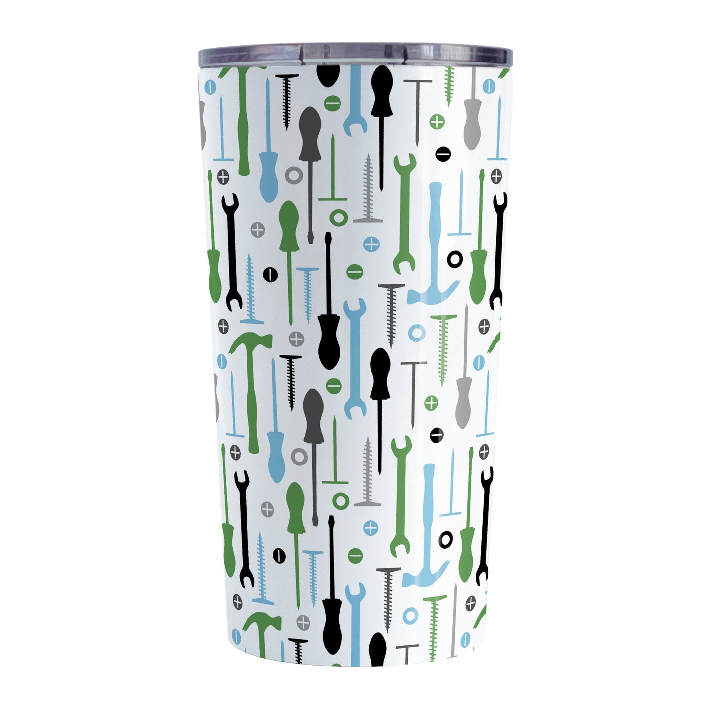 Green Blue Tools Pattern Tumbler Cup (20oz, stainless steel insulated) at Amy's Coffee Mugs. A tumbler cup with a modern style pattern of tools in green, blue, black, and gray over white that wraps around the cup. Perfect for any handyman or contractor.