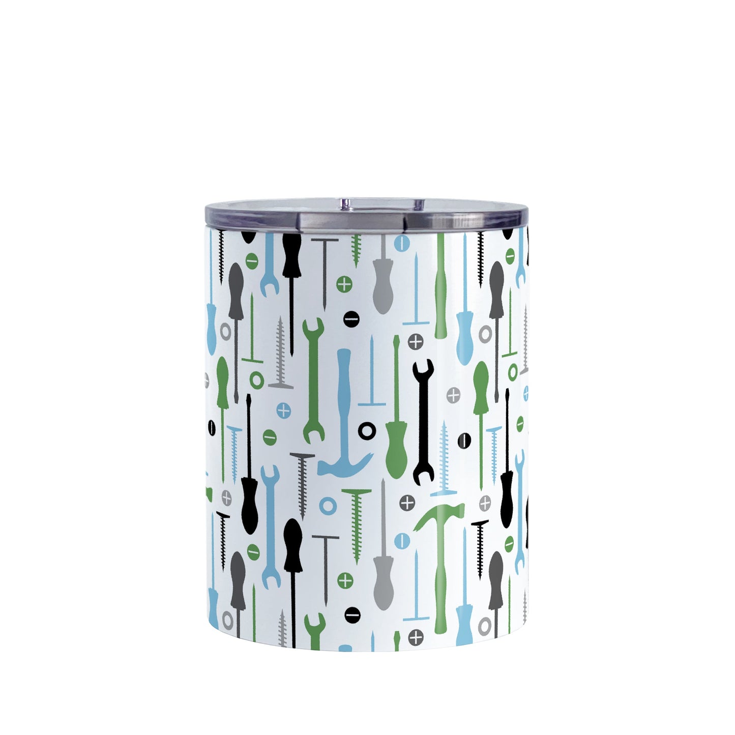 Green Blue Tools Pattern Tumbler Cup (10oz, stainless steel insulated) at Amy's Coffee Mugs. A tumbler cup with a modern style pattern of tools in green, blue, black, and gray over white that wraps around the cup. Perfect for any handyman or contractor.