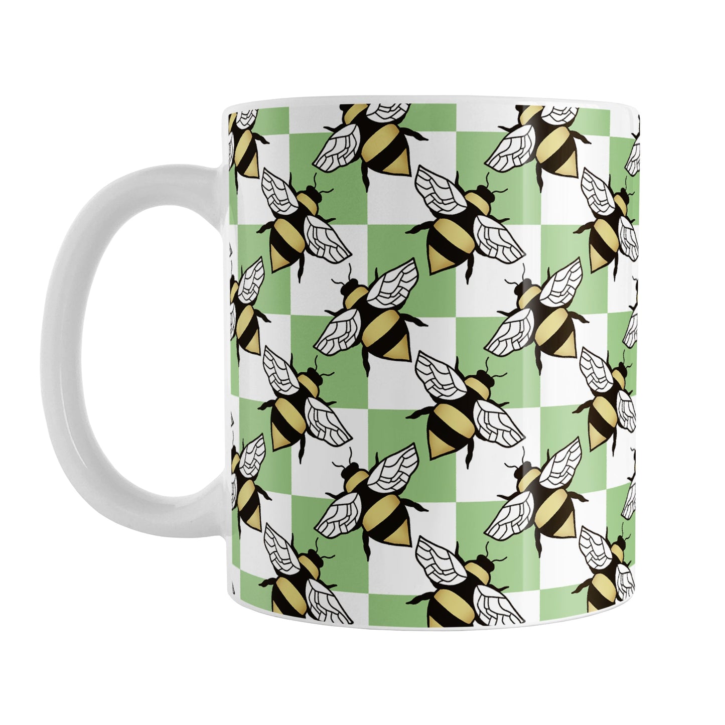 Green Checkered Bee Mug (11oz) at Amy's Coffee Mugs. A ceramic coffee mug designed with a green and white checkered pattern adorned with alternately facing bees over the check pattern. This design wraps around the mug up to the handle.