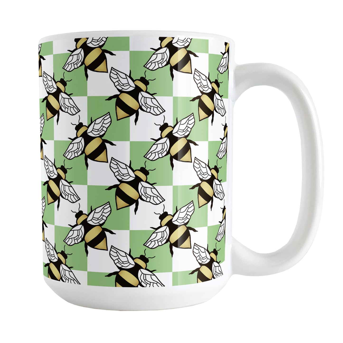 Green Checkered Bee Mug (15oz) at Amy's Coffee Mugs. A ceramic coffee mug designed with a green and white checkered pattern adorned with alternately facing bees over the check pattern. This design wraps around the mug up to the handle.