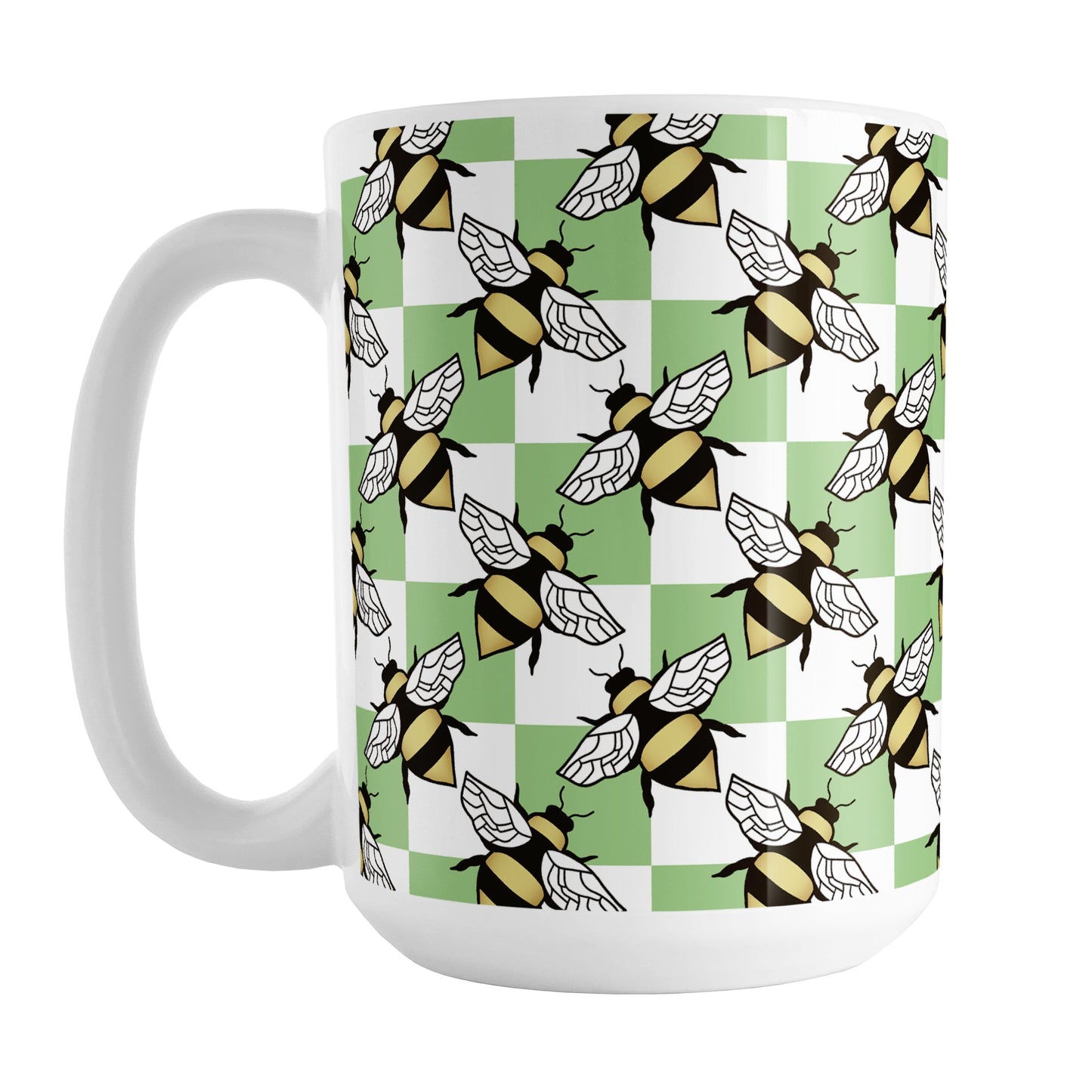 Green Checkered Bee Mug (15oz) at Amy's Coffee Mugs. A ceramic coffee mug designed with a green and white checkered pattern adorned with alternately facing bees over the check pattern. This design wraps around the mug up to the handle.