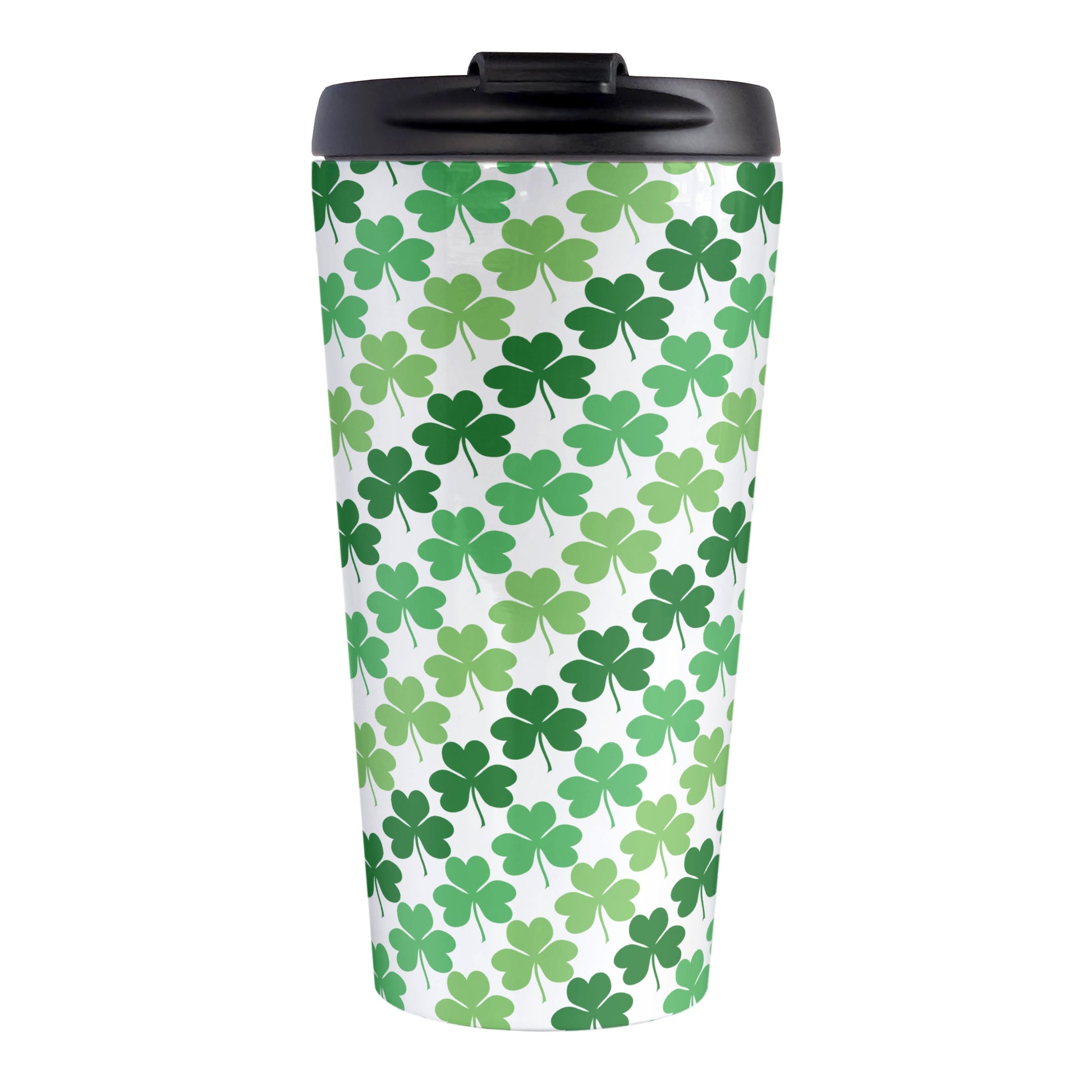 Green Clovers Travel Mug (15oz, stainless steel insulated) at Amy's Coffee Mugs. A travel mug designed with a pattern of clovers (shamrocks) in three different shades of green that wraps around the travel mug.