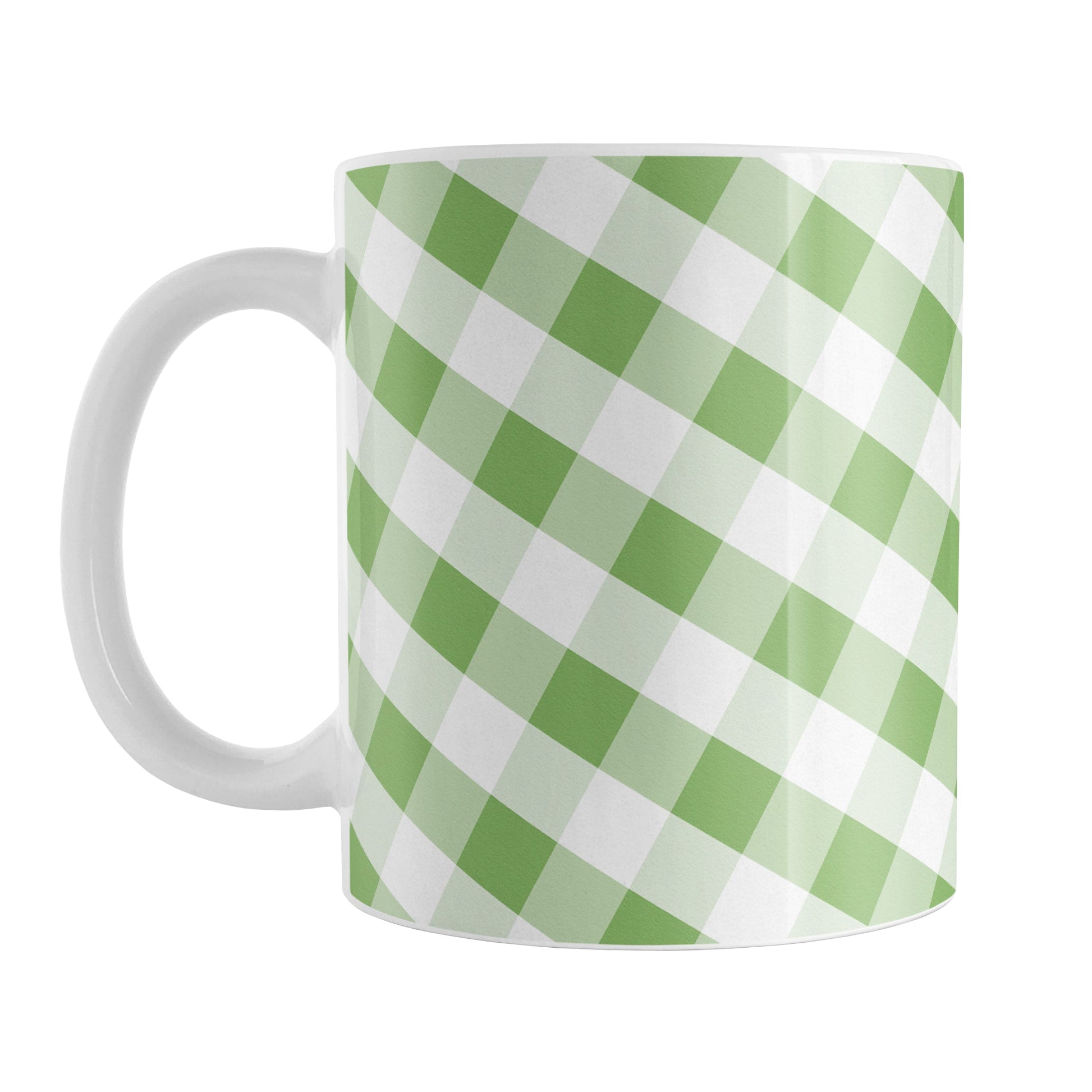 Green Gingham Mug (11oz) at Amy's Coffee Mugs. A ceramic coffee mug designed with a slanted white and green gingham pattern that wraps around the mug up to the handle.