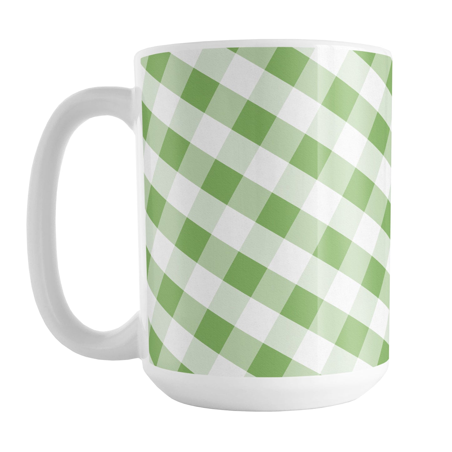 Green Gingham Mug (15oz) at Amy's Coffee Mugs. A ceramic coffee mug designed with a slanted white and green gingham pattern that wraps around the mug up to the handle.