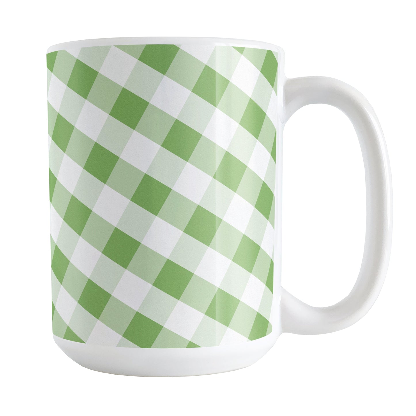 Green Gingham Mug (15oz) at Amy's Coffee Mugs. A ceramic coffee mug designed with a slanted white and green gingham pattern that wraps around the mug up to the handle.