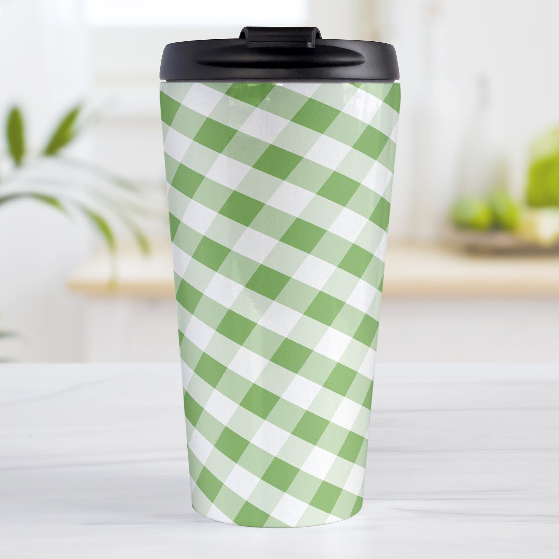 Green Gingham Travel Mug (15oz, stainless steel insulated) at Amy's Coffee Mugs. A travel mug designed with a slanted green and white gingham pattern that wraps around the travel mug.