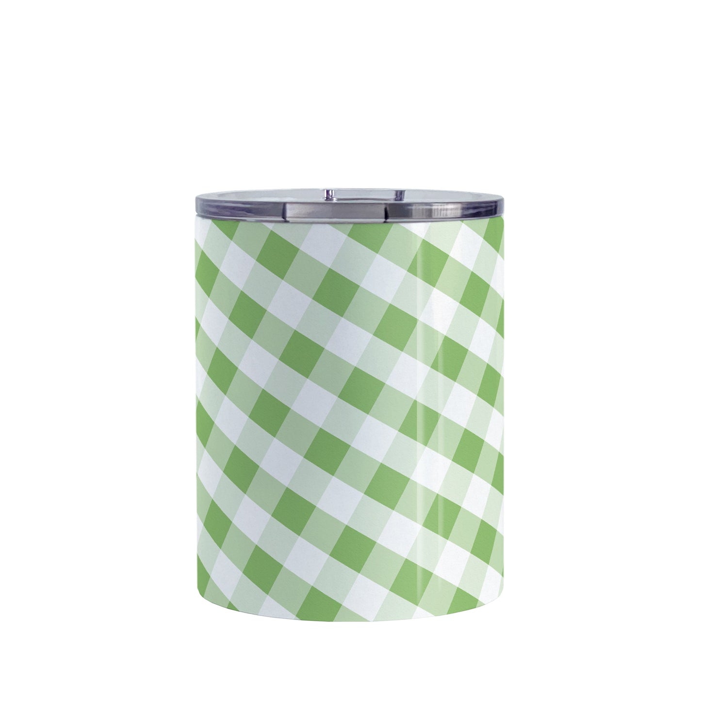Green Gingham Tumbler Cup (10oz, stainless steel insulated) at Amy's Coffee Mugs. A tumbler cup designed with a slanted green and white gingham pattern that wraps around the cup.