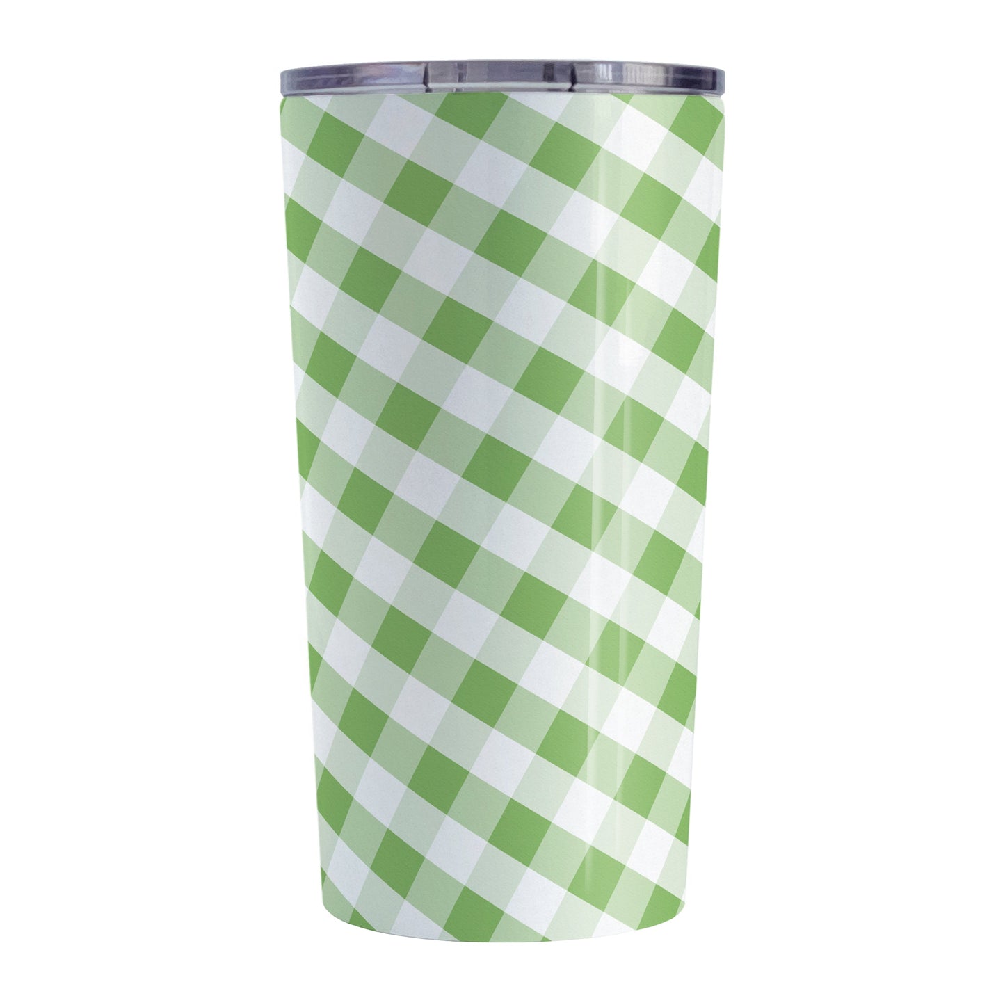 Green Gingham Tumbler Cup (20oz, stainless steel insulated) at Amy's Coffee Mugs. A tumbler cup designed with a slanted green and white gingham pattern that wraps around the cup.