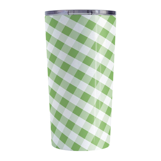 Green Gingham Tumbler Cup (20oz, stainless steel insulated) at Amy's Coffee Mugs. A tumbler cup designed with a slanted green and white gingham pattern that wraps around the cup.