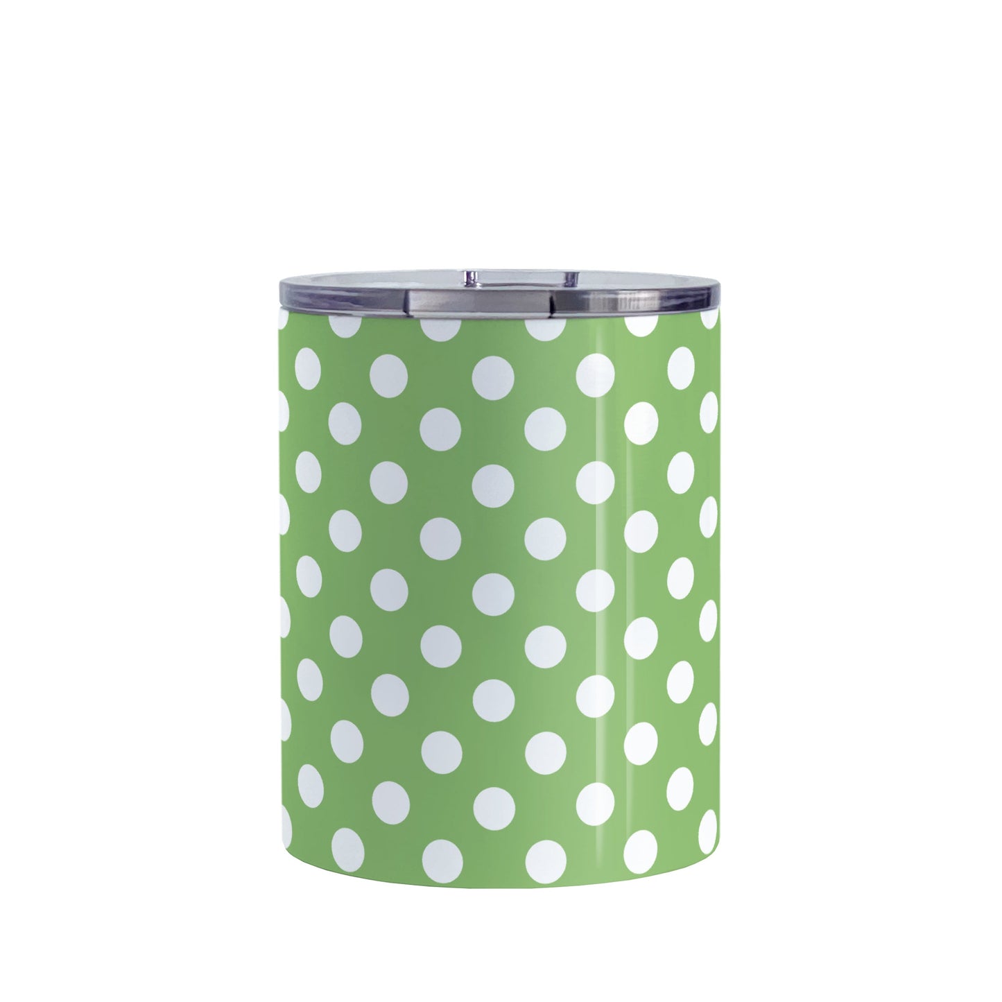Green Polka Dot Tumbler Cup (10oz, stainless steel insulated) at Amy's Coffee Mugs. A tumbler cup designed with a pattern of white polka dots over a green background color that wraps around the cup.