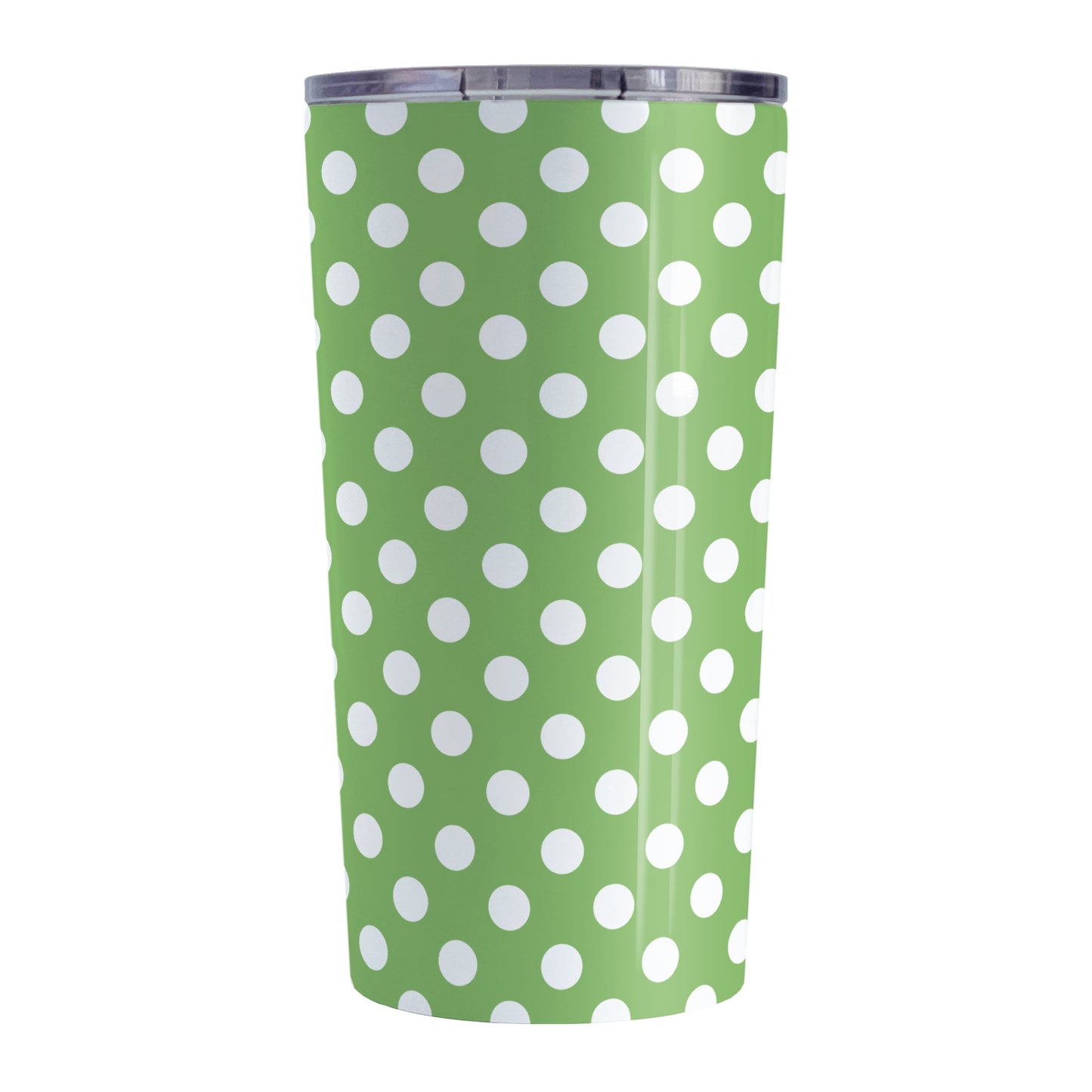 Green Polka Dot Tumbler Cup (20oz, stainless steel insulated) at Amy's Coffee Mugs. A tumbler cup designed with a pattern of white polka dots over a green background color that wraps around the cup.
