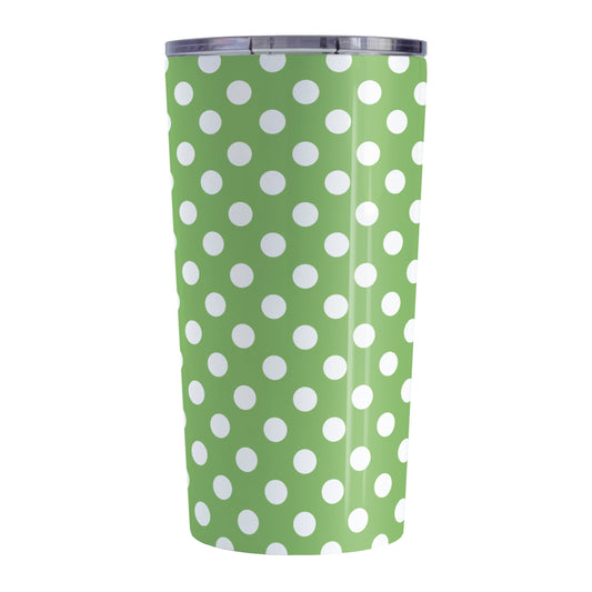 Green Polka Dot Tumbler Cup (20oz, stainless steel insulated) at Amy's Coffee Mugs. A tumbler cup designed with a pattern of white polka dots over a green background color that wraps around the cup.