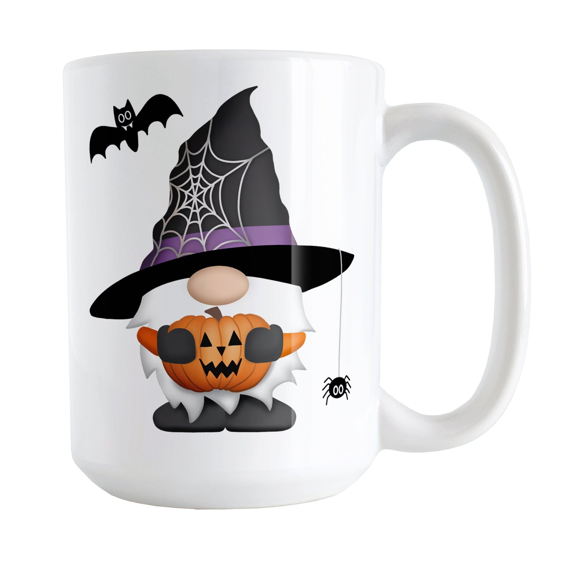 Halloween Gnome Mug (15oz) at Amy's Coffee Mugs. A ceramic coffee mug designed with a Halloween gnome wearing a black and purple wizard hat with a spider web on the side of it and holding an orange carved pumpkin. There is a spider hanging off of the hat and a black bat above the gnome. This cute Halloween gnome design is on both sides of the mug.