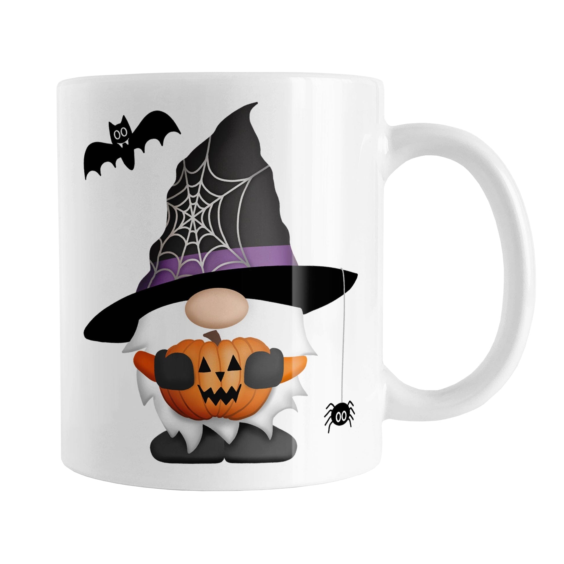 Halloween Gnome Mug (11oz) at Amy's Coffee Mugs. A ceramic coffee mug designed with a Halloween gnome wearing a black and purple wizard hat with a spider web on the side of it and holding an orange carved pumpkin. There is a spider hanging off of the hat and a black bat above the gnome. This cute Halloween gnome design is on both sides of the mug.