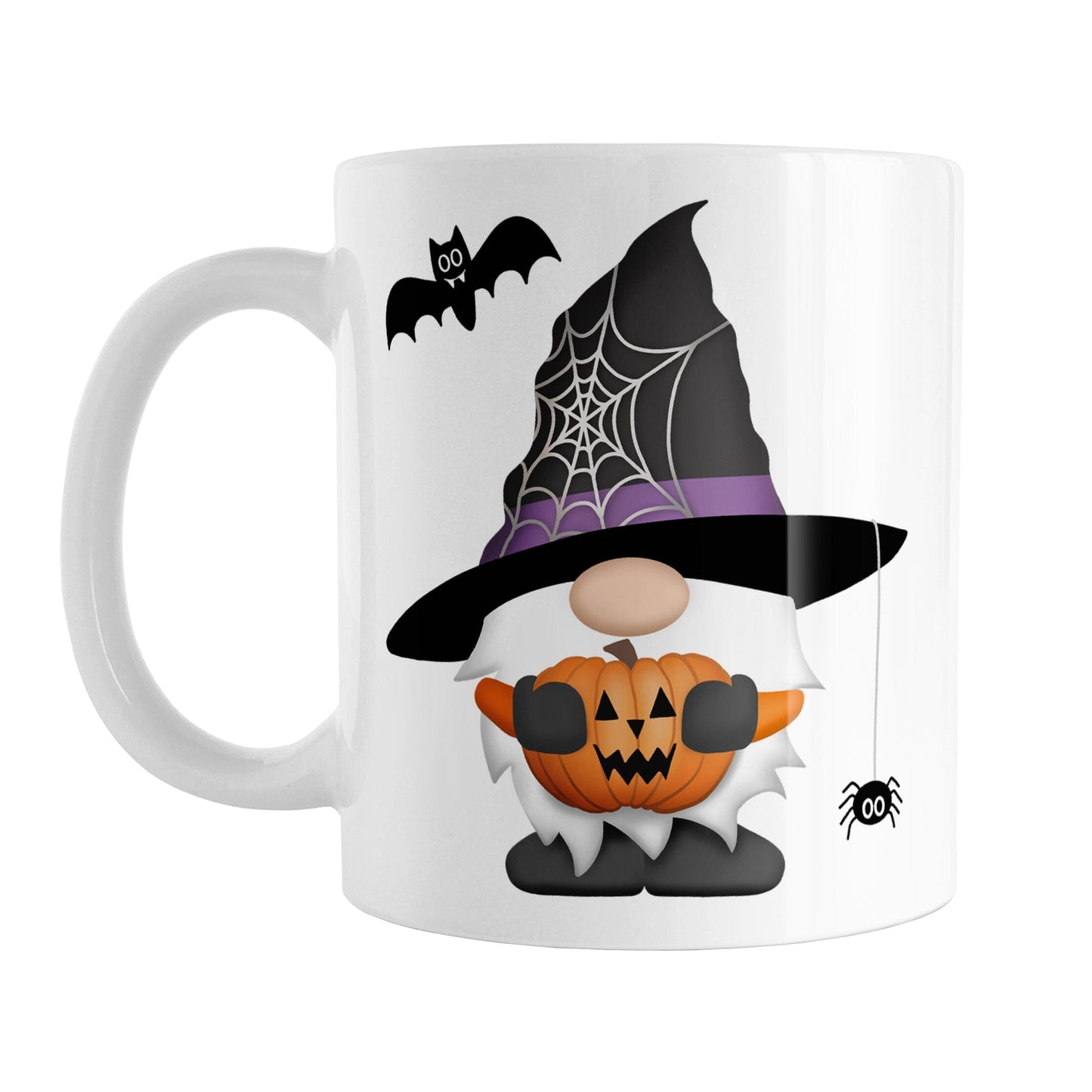 Halloween Gnome Mug (11oz) at Amy's Coffee Mugs. A ceramic coffee mug designed with a Halloween gnome wearing a black and purple wizard hat with a spider web on the side of it and holding an orange carved pumpkin. There is a spider hanging off of the hat and a black bat above the gnome. This cute Halloween gnome design is on both sides of the mug.