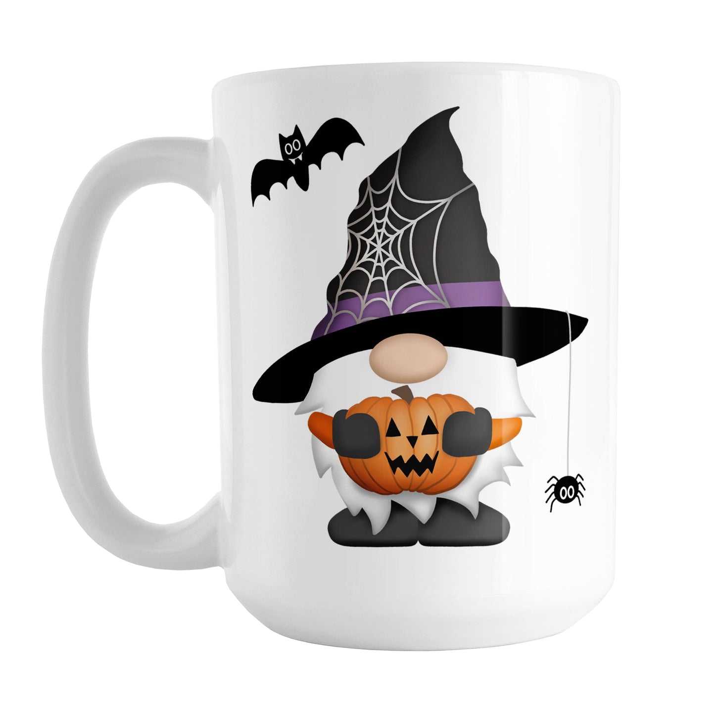 Halloween Gnome Mug (15oz) at Amy's Coffee Mugs. A ceramic coffee mug designed with a Halloween gnome wearing a black and purple wizard hat with a spider web on the side of it and holding an orange carved pumpkin. There is a spider hanging off of the hat and a black bat above the gnome. This cute Halloween gnome design is on both sides of the mug.