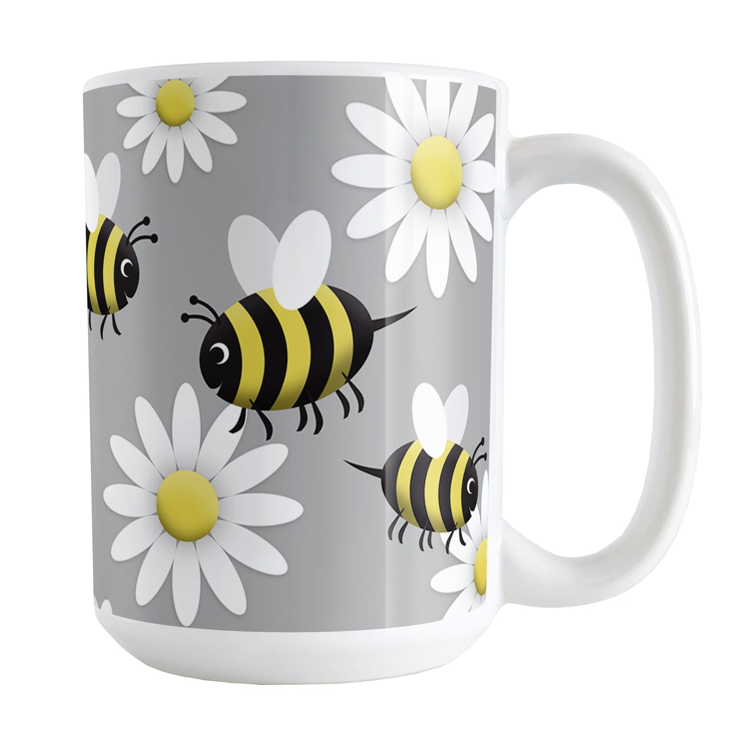 Happy Bee and Daisy Pattern Mug (15oz) at Amy's Coffee Mugs. A ceramic coffee mug designed with a cute pattern of happy bees and white daily flowers over a light gray background color that wraps around the mug up to the handle.