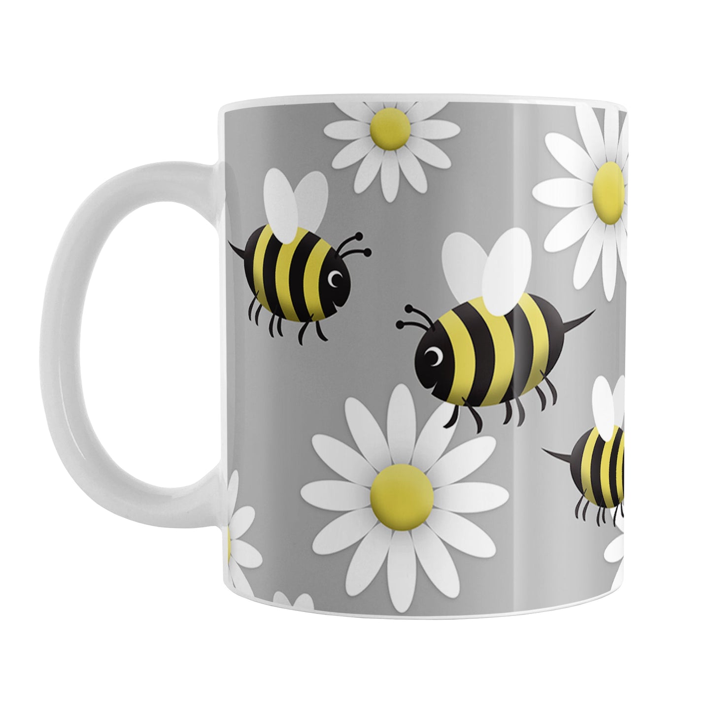 Happy Bee and Daisy Pattern Mug (11oz) at Amy's Coffee Mugs. A ceramic coffee mug designed with a cute pattern of happy bees and white daily flowers over a light gray background color that wraps around the mug up to the handle.