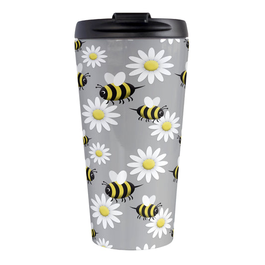 Happy Bee and Daisy Pattern Travel Mug (15oz, stainless steel insulated) at Amy's Coffee Mug. A travel mug designed with a cute pattern of happy bees and white daily flowers over a light gray background color that wraps around the mug.