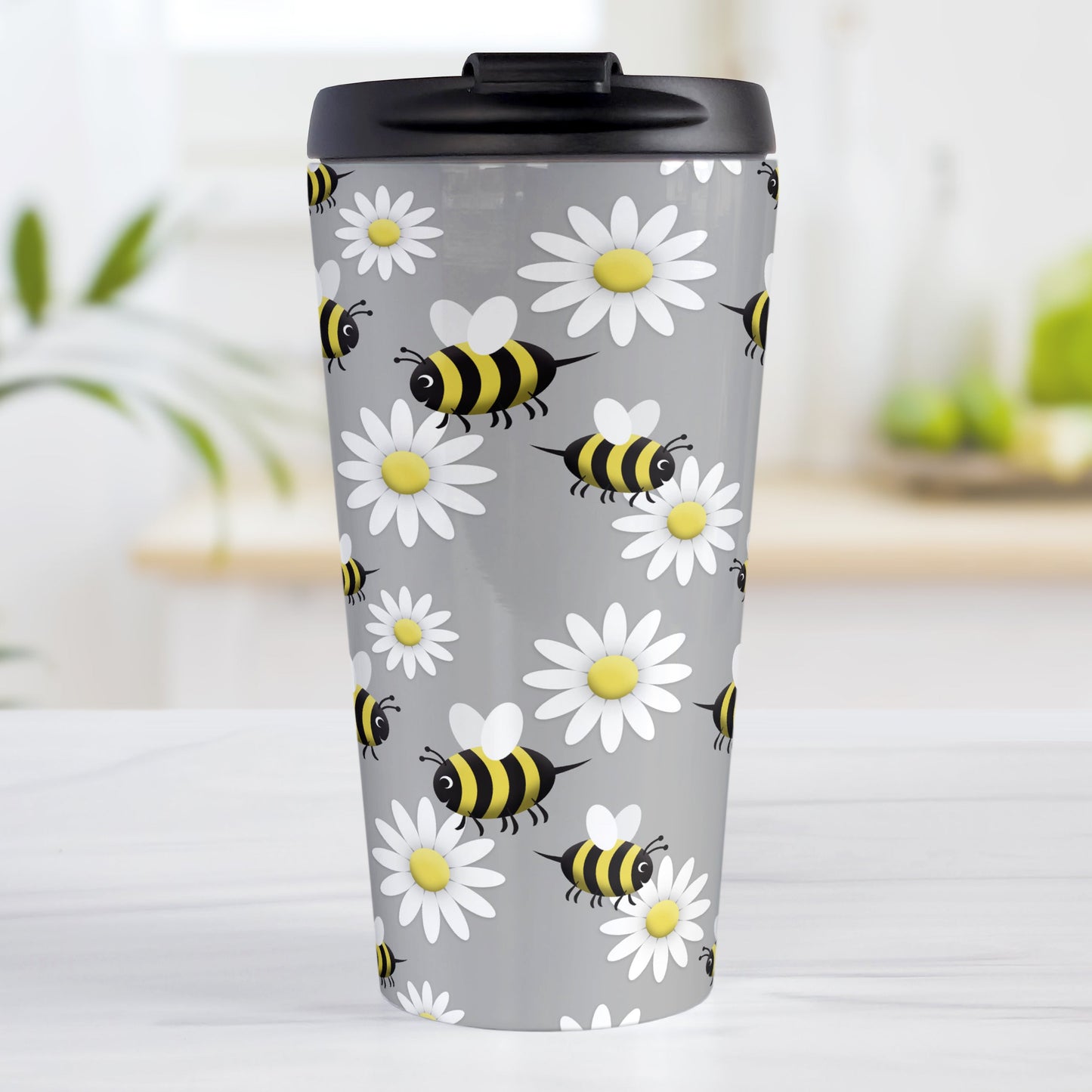 Happy Bee and Daisy Pattern Travel Mug (15oz, stainless steel insulated) at Amy's Coffee Mug. A travel mug designed with a cute pattern of happy bees and white daily flowers over a light gray background color that wraps around the mug.