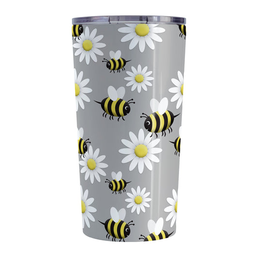 Happy Bee and Daisy Pattern Tumbler Cup (20oz, stainless steel insulated) at Amy's Coffee Mugs. A tumbler cup designed with a cute pattern of happy bees and white daily flowers over a light gray background color that wraps around the cup.