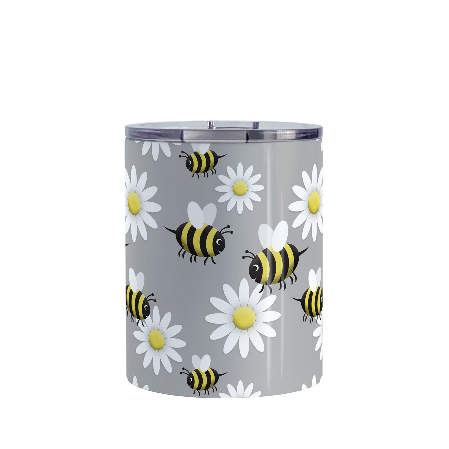 Happy Bee and Daisy Pattern Tumbler Cup (10oz, stainless steel insulated) at Amy's Coffee Mugs. A tumbler cup designed with a cute pattern of happy bees and white daily flowers over a light gray background color that wraps around the cup.