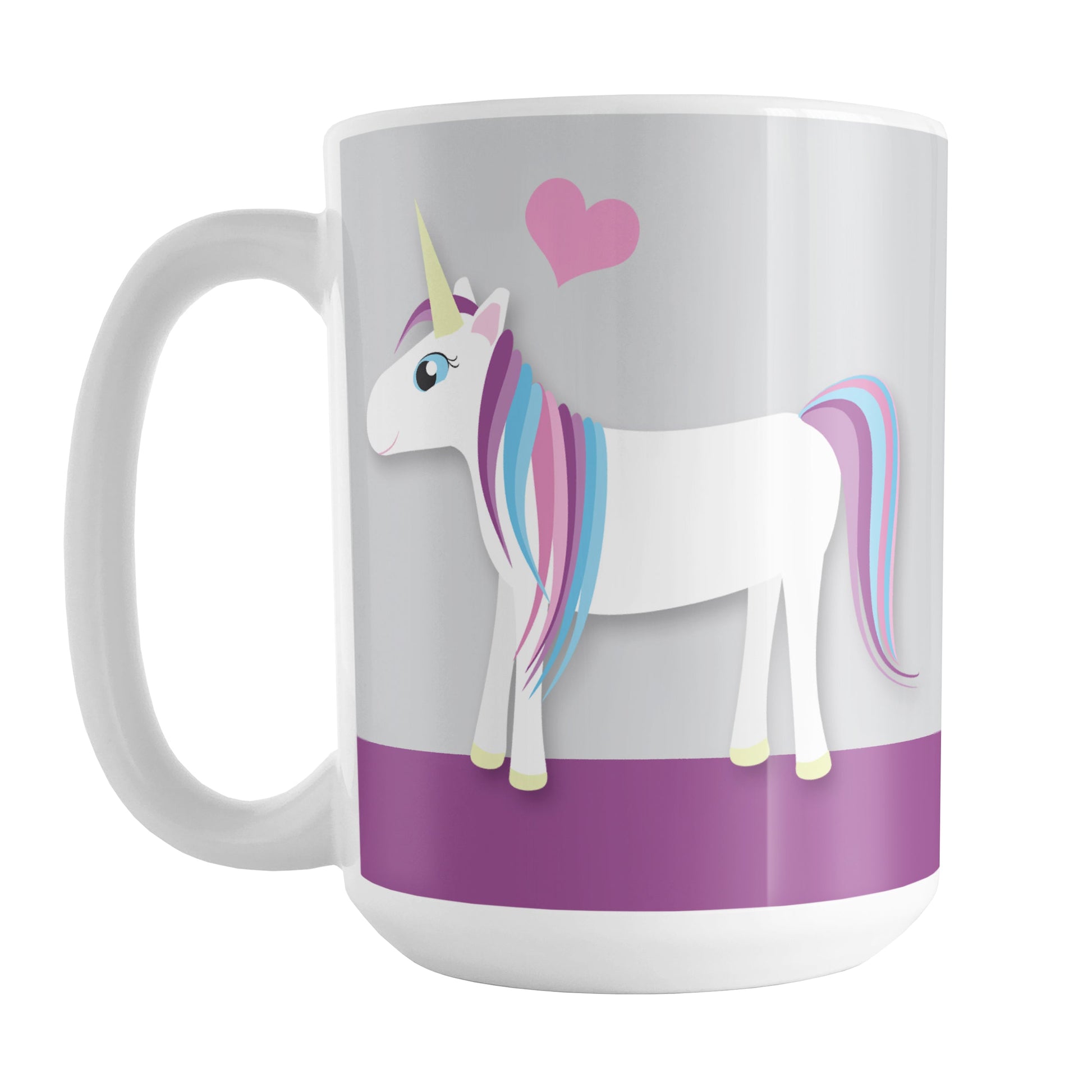 Happy Pink Heart Purple Unicorn Mug (15oz) at Amy's Coffee Mugs. A ceramic coffee mug designed with a happy unicorn with a pink, blue, and purple mane and a pink heart above it over purple and gray background that wraps around the mug up to the handle.