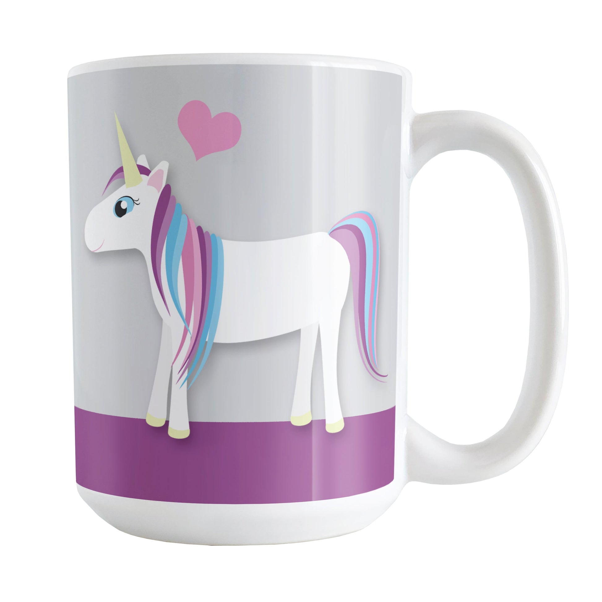 Happy Pink Heart Purple Unicorn Mug (15oz) at Amy's Coffee Mugs. A ceramic coffee mug designed with a happy unicorn with a pink, blue, and purple mane and a pink heart above it over purple and gray background that wraps around the mug up to the handle.