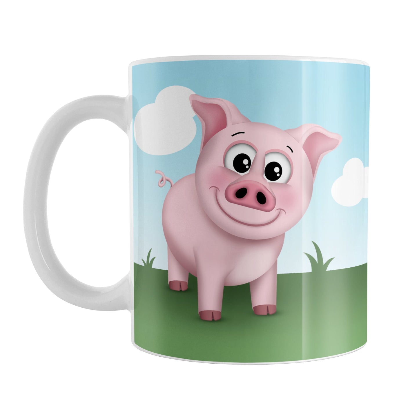 Happy Pink Pig on the Farm Mug (11oz) at Amy's Coffee Mugs. A ceramic coffee mug designed with an adorable and happy pink pig on both sides of the mug over a green grass and blue sky "outdoors at the farm" background that wraps around the mug up to the handle.