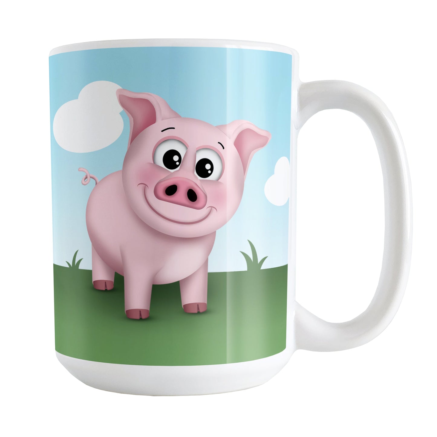 Happy Pink Pig on the Farm Mug (15oz) at Amy's Coffee Mugs. A ceramic coffee mug designed with an adorable and happy pink pig on both sides of the mug over a green grass and blue sky "outdoors at the farm" background that wraps around the mug up to the handle.