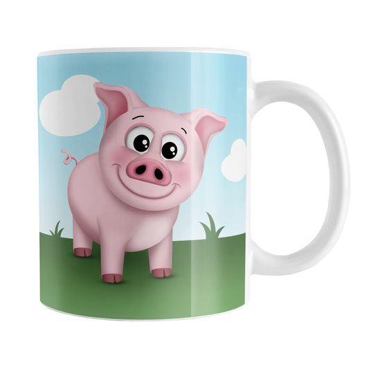 Happy Pink Pig on the Farm Mug (11oz) at Amy's Coffee Mugs. A ceramic coffee mug designed with an adorable and happy pink pig on both sides of the mug over a green grass and blue sky "outdoors at the farm" background that wraps around the mug up to the handle.