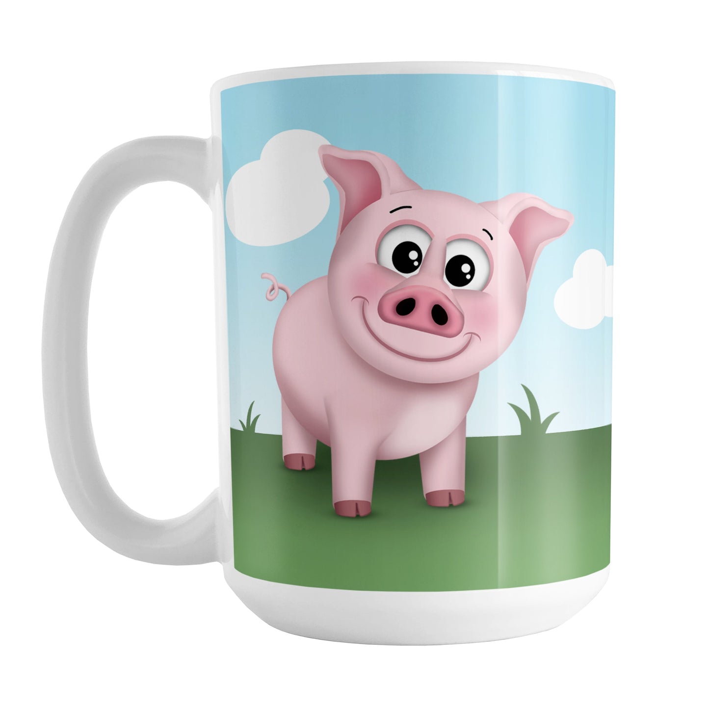 Happy Pink Pig on the Farm Mug (15oz) at Amy's Coffee Mugs. A ceramic coffee mug designed with an adorable and happy pink pig on both sides of the mug over a green grass and blue sky "outdoors at the farm" background that wraps around the mug up to the handle.