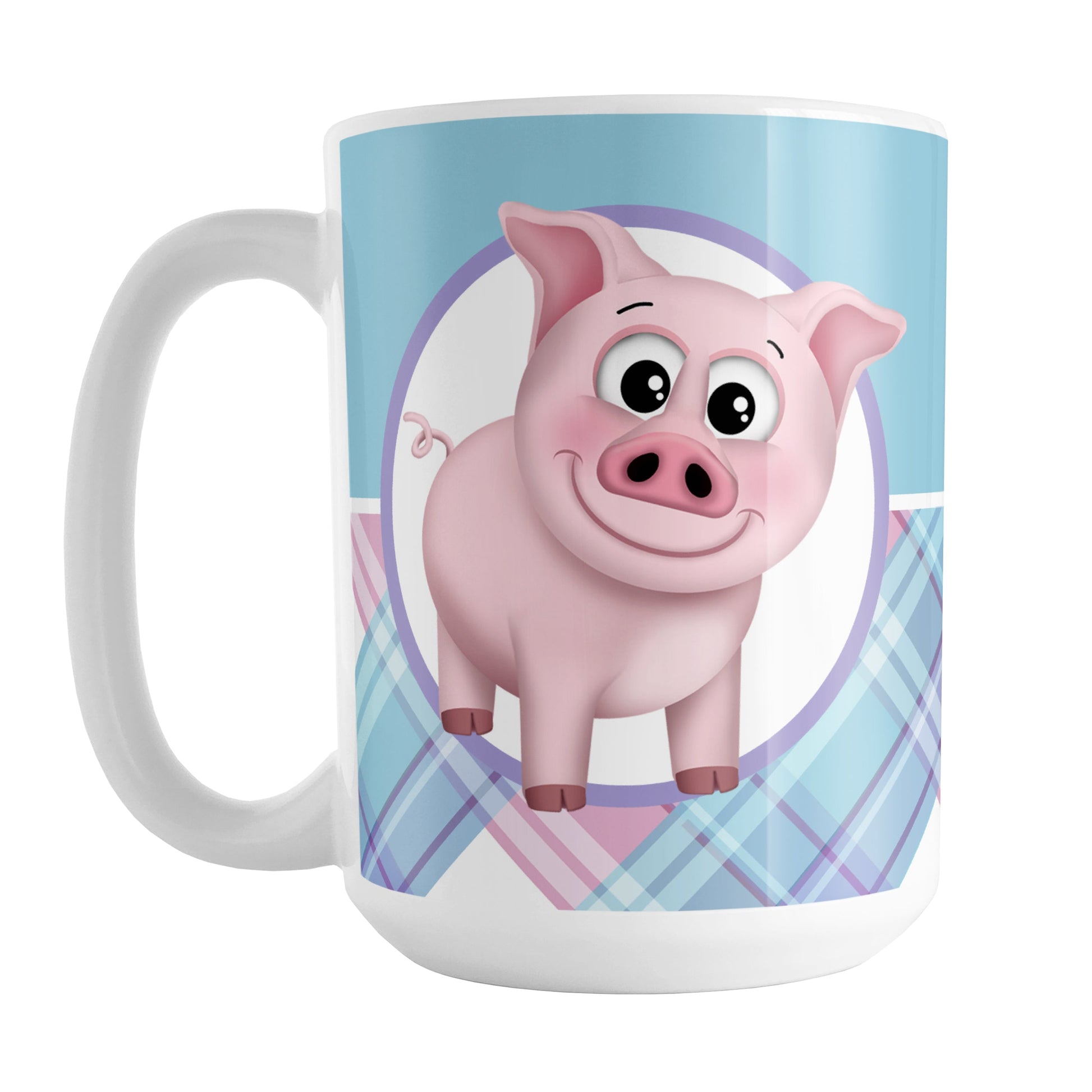 Happy Pink Pig with Plaid Pattern Mug (15oz) at Amy's Coffee Mugs. A ceramic coffee mug designed with an adorable and happy pink pig in a white circle on both sides of the mug over a background pattern that wraps around the mug up to the handle with a solid blue color along the top half and a pink, purple, and blue plaid pattern along the bottom half.