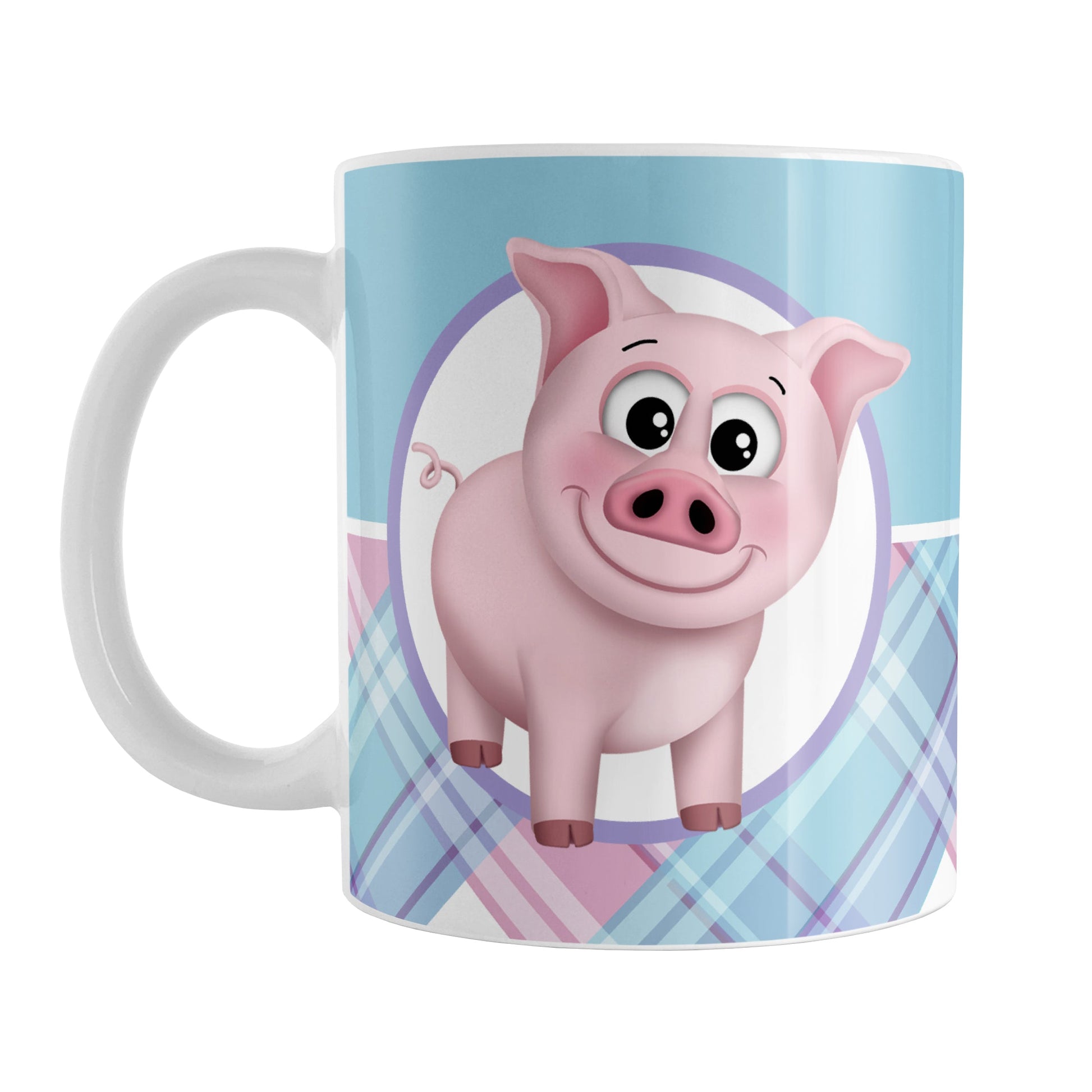 Happy Pink Pig with Plaid Pattern Mug (11oz) at Amy's Coffee Mugs. A ceramic coffee mug designed with an adorable and happy pink pig in a white circle on both sides of the mug over a background pattern that wraps around the mug up to the handle with a solid blue color along the top half and a pink, purple, and blue plaid pattern along the bottom half.