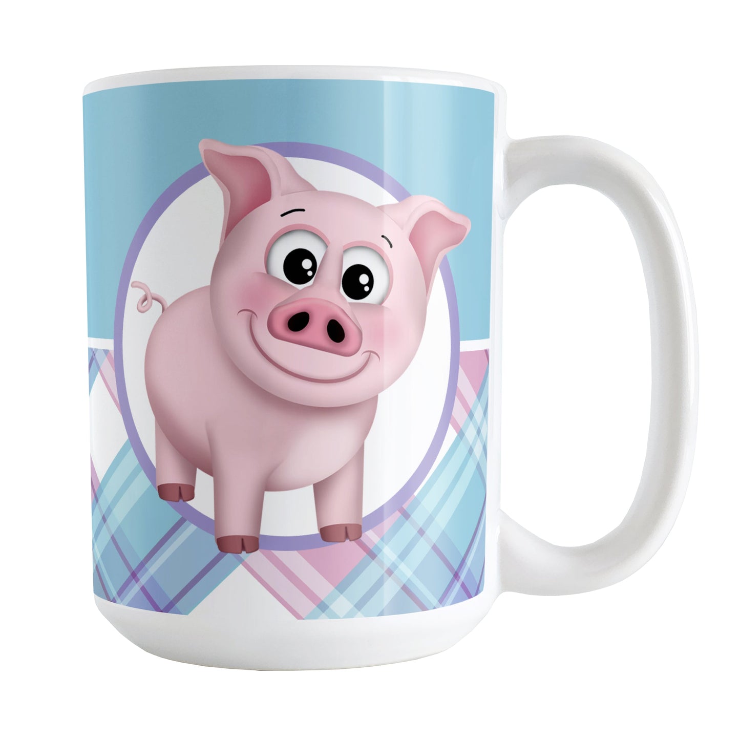 Happy Pink Pig with Plaid Pattern Mug (15oz) at Amy's Coffee Mugs. A ceramic coffee mug designed with an adorable and happy pink pig in a white circle on both sides of the mug over a background pattern that wraps around the mug up to the handle with a solid blue color along the top half and a pink, purple, and blue plaid pattern along the bottom half.