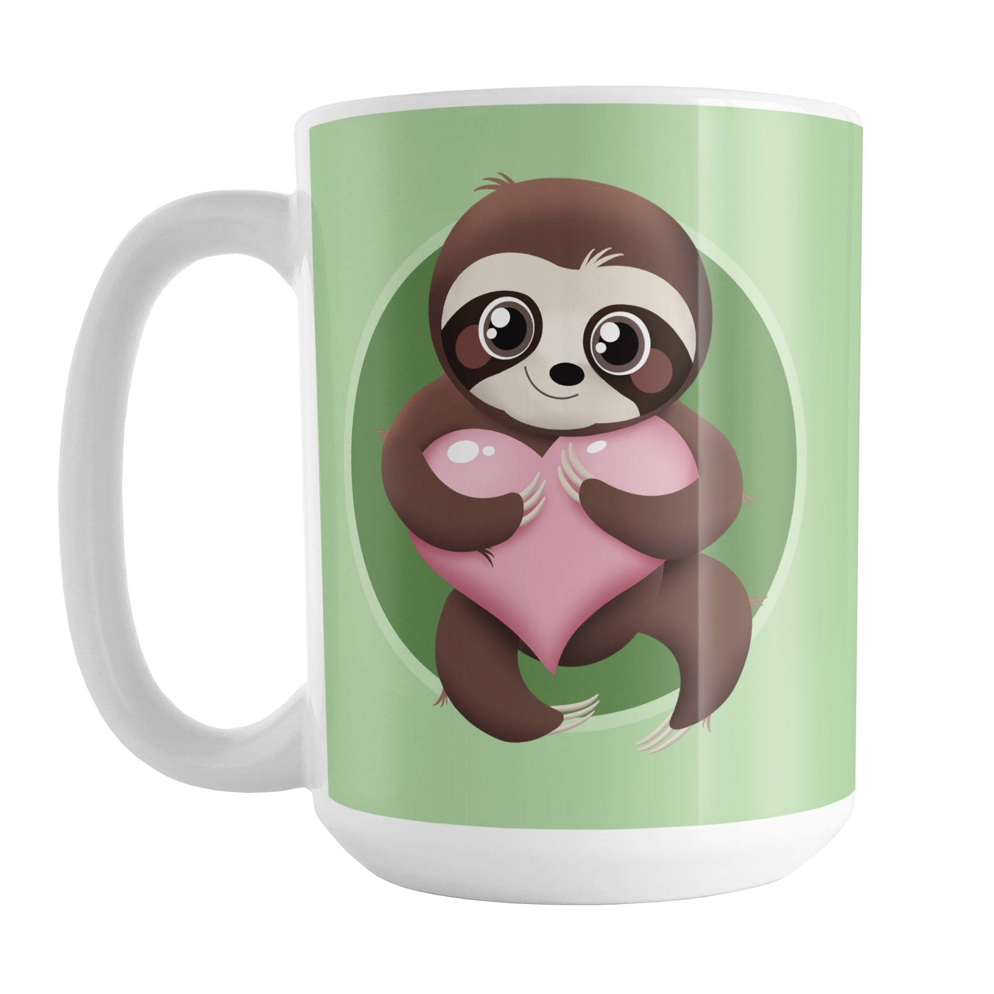 Happy Sloth Pink Heart Green Mug (15oz) at Amy's Coffee Mugs. A ceramic coffee mug designed with an adorable and happy brown sloth holding a pink heart in a green circle on both sides of the mug over a lighter green background that wraps around the mug up to the handle.
