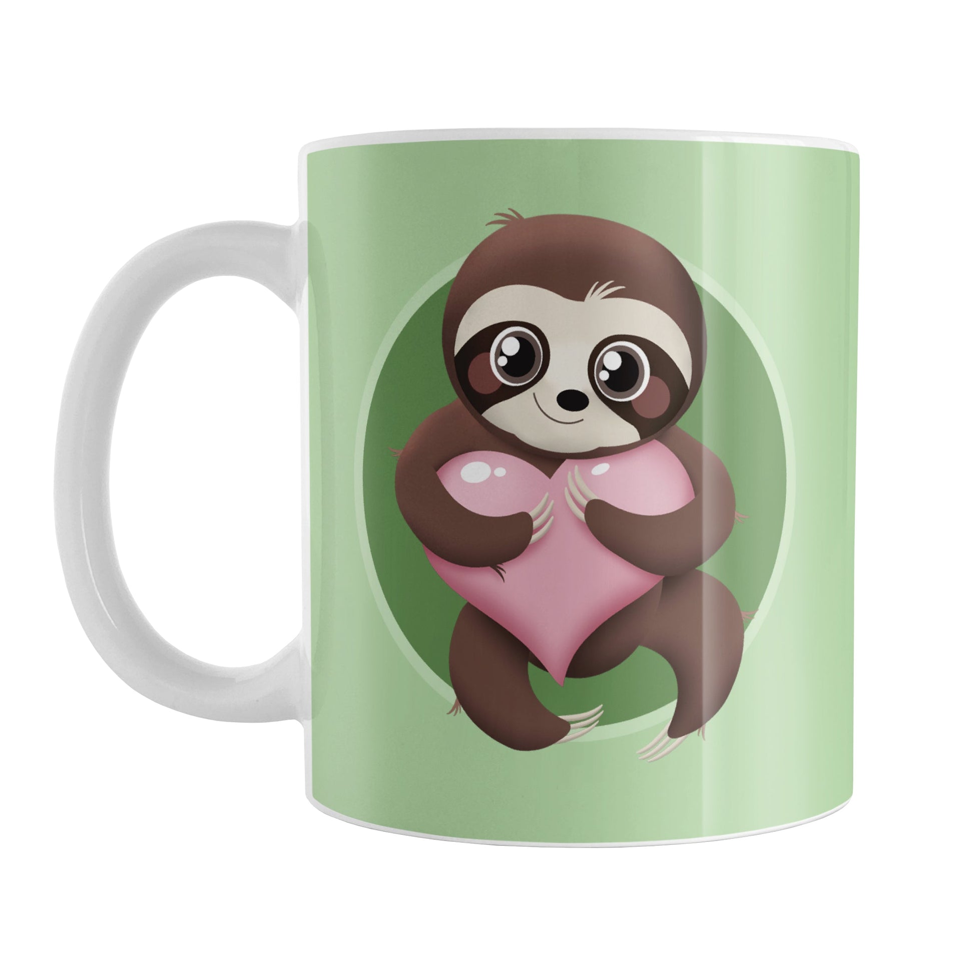 Happy Sloth Pink Heart Green Mug (11oz) at Amy's Coffee Mugs. A ceramic coffee mug designed with an adorable and happy brown sloth holding a pink heart in a green circle on both sides of the mug over a lighter green background that wraps around the mug up to the handle.