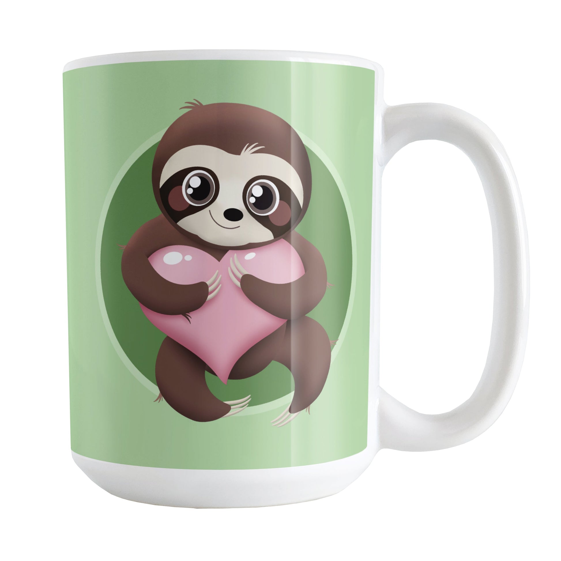 Happy Sloth Pink Heart Green Mug (15oz) at Amy's Coffee Mugs. A ceramic coffee mug designed with an adorable and happy brown sloth holding a pink heart in a green circle on both sides of the mug over a lighter green background that wraps around the mug up to the handle.