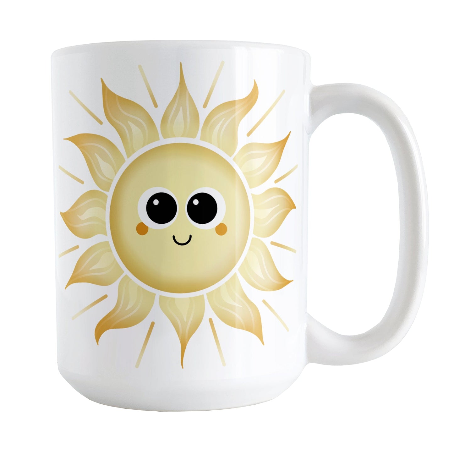Happy Sun Mug (15oz) at Amy's Coffee Mugs. A ceramic coffee mug designed with a cute and happy yellow smiling sun on both sides of the mug.