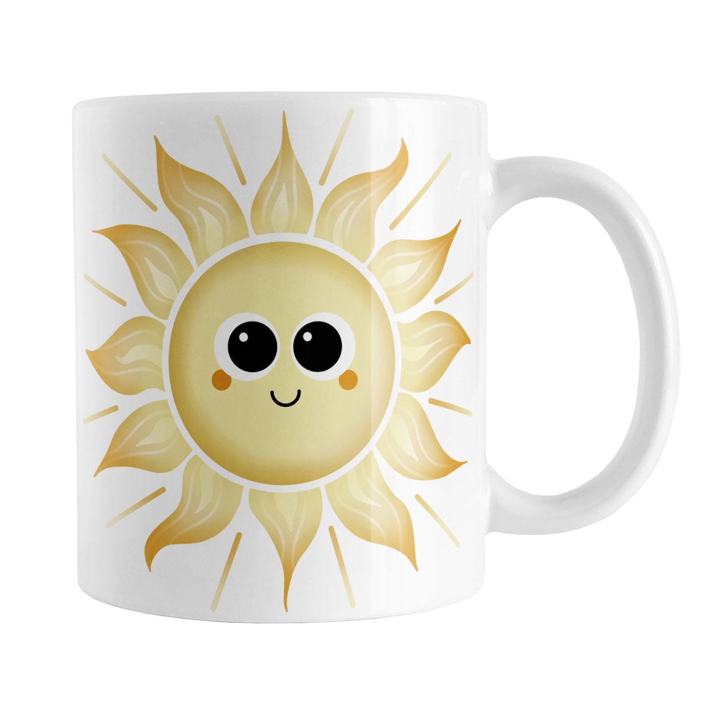Happy Sun Mug (11oz) at Amy's Coffee Mugs. A ceramic coffee mug designed with a cute and happy yellow smiling sun on both sides of the mug.