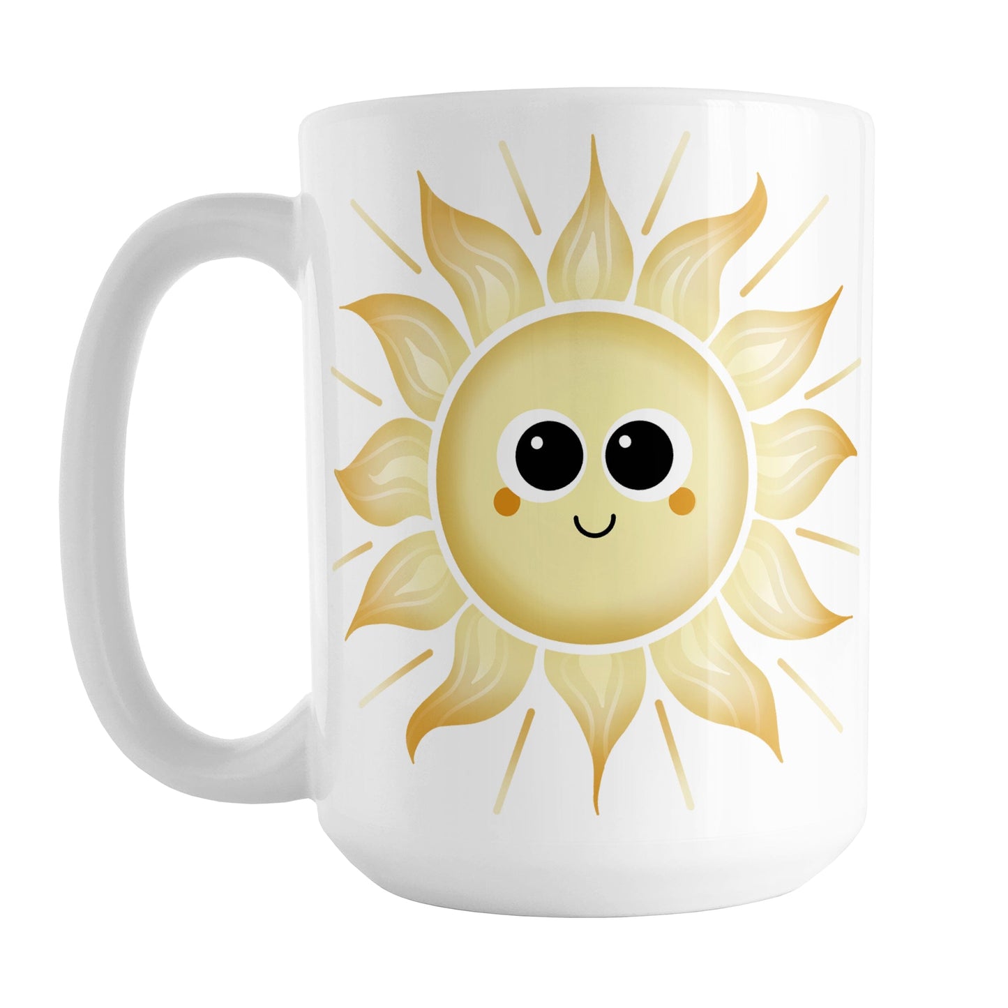 Happy Sun Mug (15oz) at Amy's Coffee Mugs. A ceramic coffee mug designed with a cute and happy yellow smiling sun on both sides of the mug.