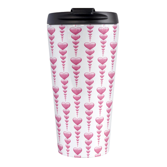 Heart Strings Travel Mug at Amy's Coffee Mugs. A stainless steel insulated travel mug designed with strings of pink hearts descending in size in a pattern that wraps around the mug.