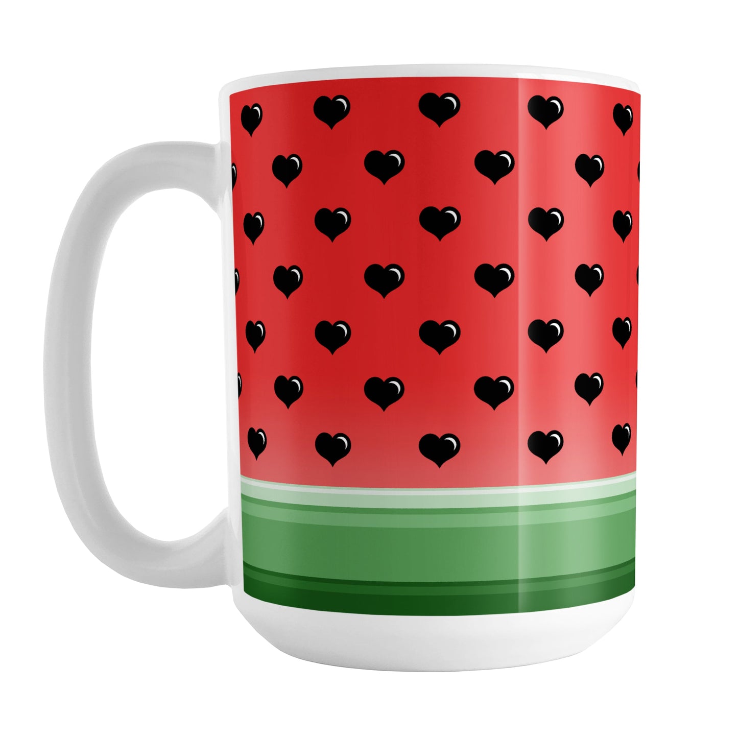 Hearts Pattern Watermelon Mug (15oz) at Amy's Coffee Mugs. A ceramic coffee mug designed with a heart seeds watermelon illustration that wraps around the mug up to the handle. It features a seed pattern of black hearts over red and a green stripes design along the bottom.