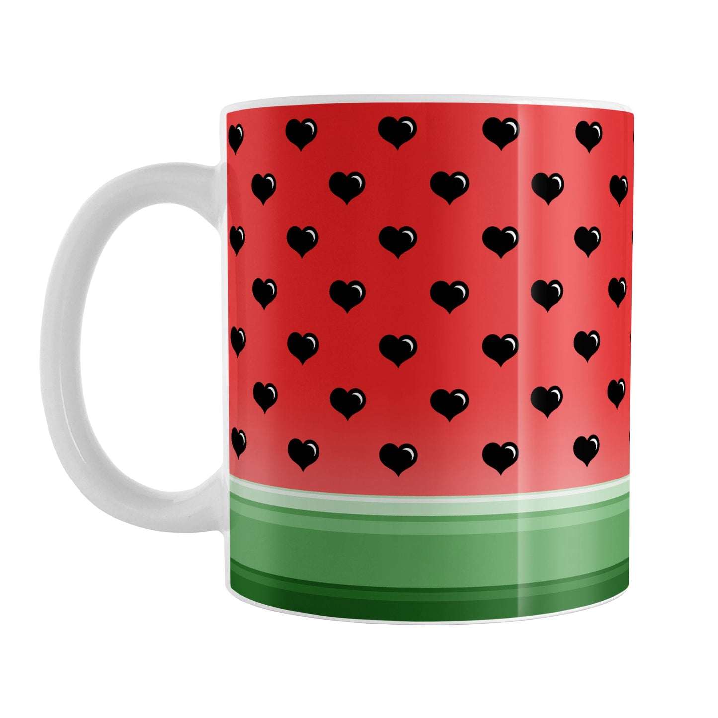 Hearts Pattern Watermelon Mug (11oz) at Amy's Coffee Mugs. A ceramic coffee mug designed with a heart seeds watermelon illustration that wraps around the mug up to the handle. It features a seed pattern of black hearts over red and a green stripes design along the bottom.