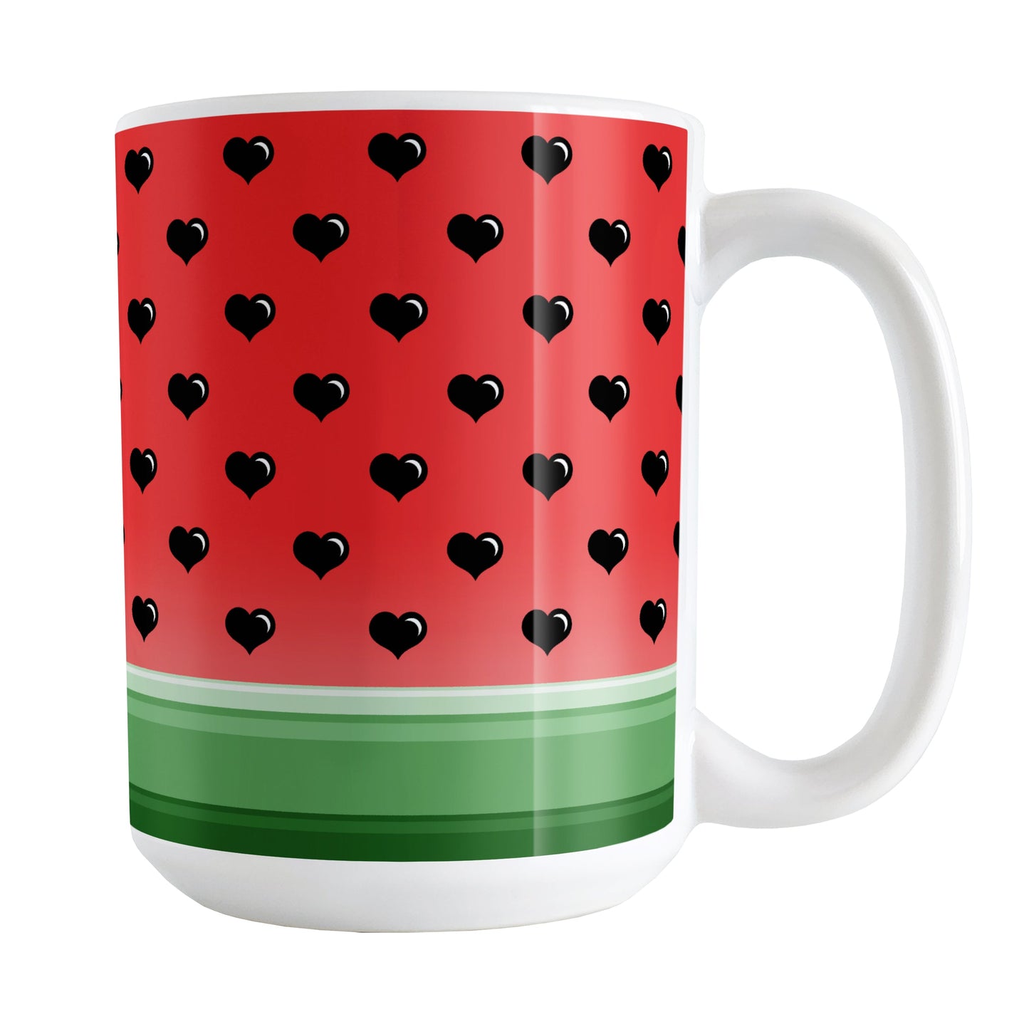Hearts Pattern Watermelon Mug (15oz) at Amy's Coffee Mugs. A ceramic coffee mug designed with a heart seeds watermelon illustration that wraps around the mug up to the handle. It features a seed pattern of black hearts over red and a green stripes design along the bottom.