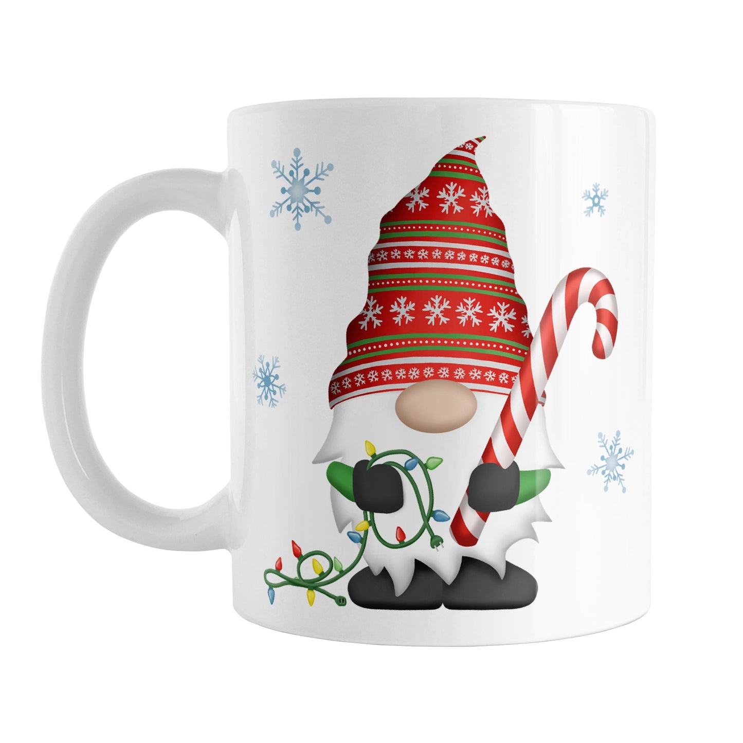 Holiday Candy Cane Gnome Mug (11oz) at Amy's Coffee Mugs. A ceramic coffee mug designed with a holiday gnome on both sides of the mug wearing a festive red and green snowflake hat and holding a large candy cane and a string of Christmas lights, with winter snowflakes around it.
