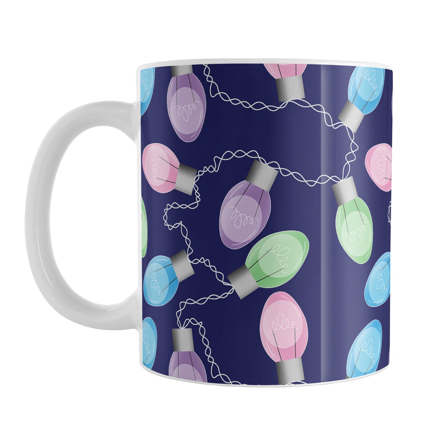 Holiday Lights Pattern Christmas Mug (11oz) at Amy's Coffee Mugs. A ceramic coffee mug designed with string of colorful holiday lights in pink, blue, green, and purple in a pattern over a navy blue background color that wraps around the mug up to the handle.