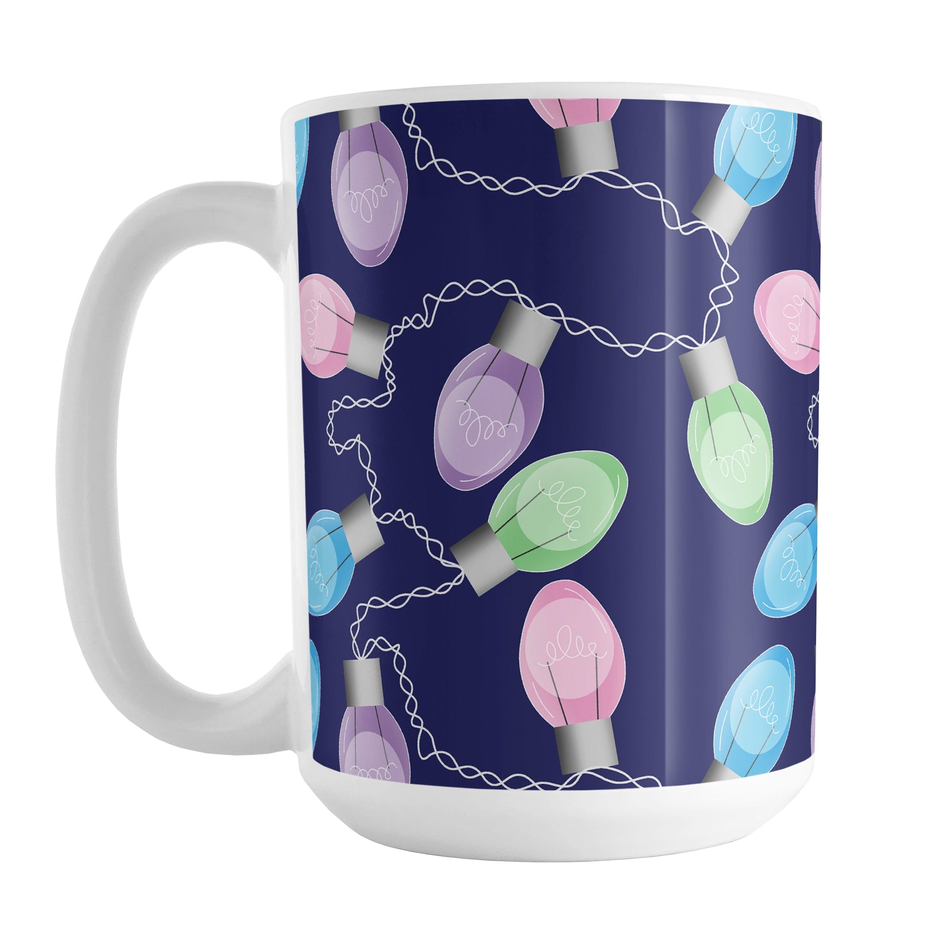 Holiday Lights Pattern Christmas Mug (15oz) at Amy's Coffee Mugs. A ceramic coffee mug designed with string of colorful holiday lights in pink, blue, green, and purple in a pattern over a navy blue background color that wraps around the mug up to the handle.